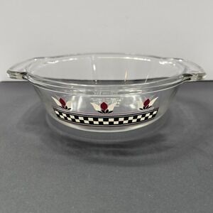 Anchor‎ Hocking Vintage Red Black White Flower 1.5 QT Casserole Dish Made In USA